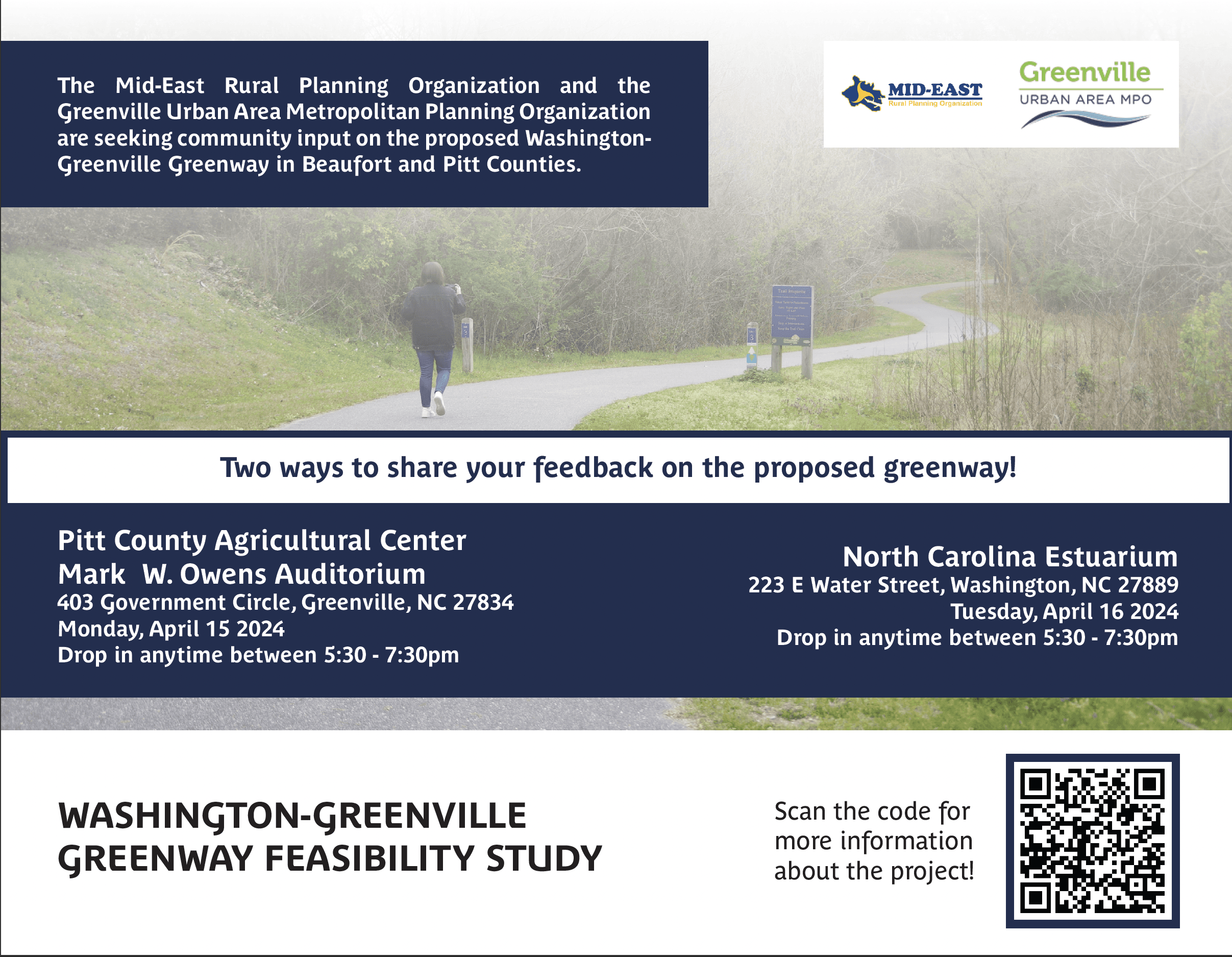 Graphic showing dates and times for upcoming Washington-Greenville Feasibility Study meetings 